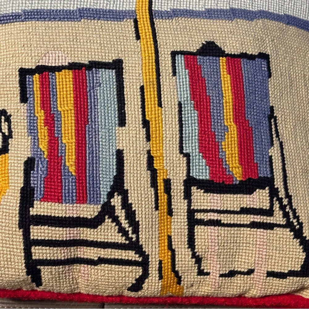 VTG Handmade Needlepoint Beach Scene Pillow 2 Chairs Umbrella Coastal